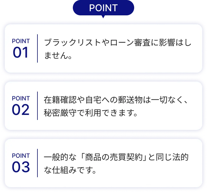 ブラックリストやローン審査に影響はしません。在籍確認や自宅への郵送物は一切なく、秘密厳守で利用できます。一般的な「商品の売買契約」と同じ法的な仕組みです。