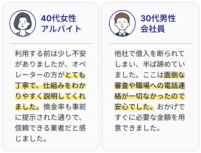 40代女性アルバイト利用する前は少し不安がありましたが、オペレーターの方がとても丁寧で、仕組みをわかりやすく説明してくれました。換金率も事前に提示された通りで、信頼できる業者だと感じました。30代男性会社員他社で借入を断られてしまい、半ば諦めていました。ここは面倒な審査や職場への電話連絡が一切なかったので安心でした。おかげですぐに必要な金額を用意できました。